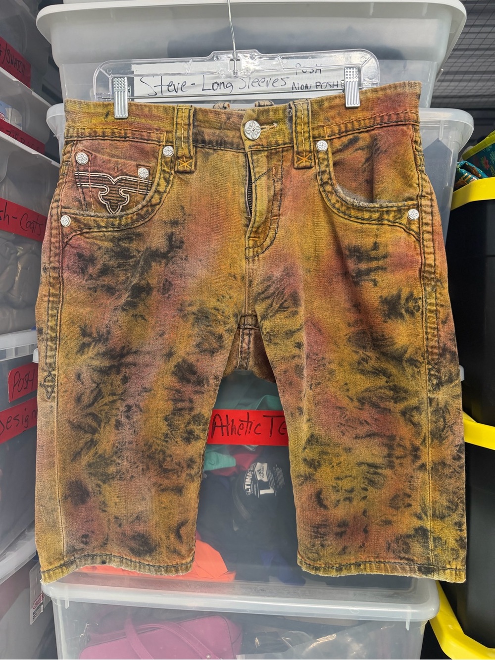 Rock Revival Men's Tie-Dye Denim Jean Shorts in Orange, Yellow & Black